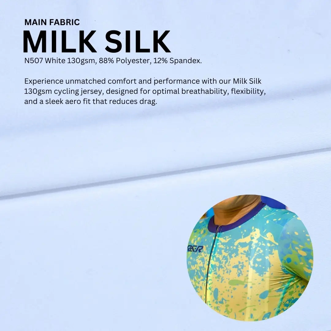Close-up view of Milk Silk fabric showcasing its smooth texture and design properties, with a circular inset image of a custom cycling jersey made from Milk Silk fabric, emphasizing quality and comfort.
